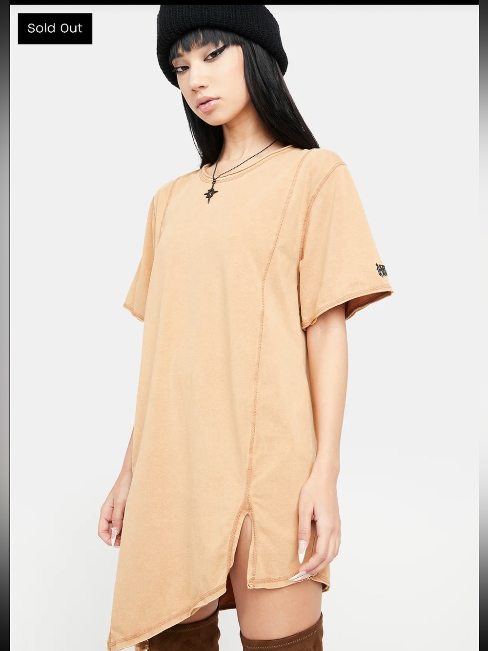 Darker Wavs Unisex Slit Front Longline Tee - Washed Brown